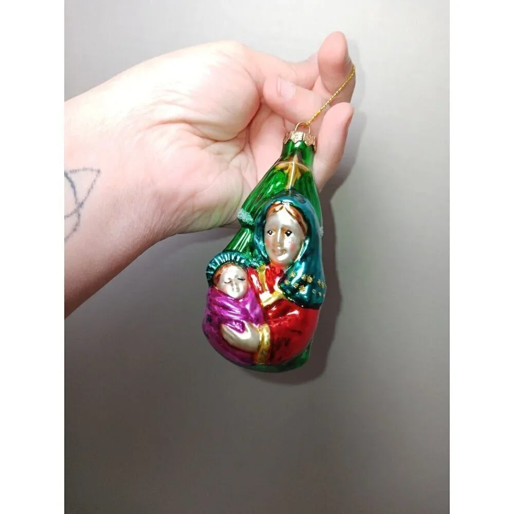 Virgin Mary Baby Jesus Glittery Blown Glass Ornament Old World Christmas